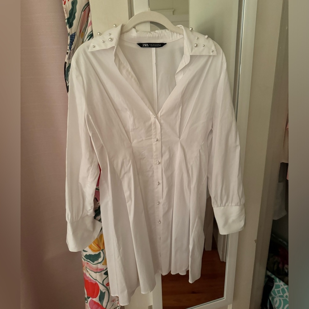 White button down dress with pearl detailing